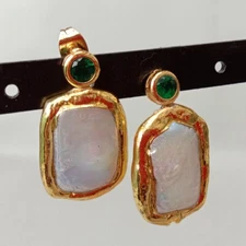 White Freshwater Cultured Biwa Rectangle Pearl Stud Cubic Zirconia Pave Earrings