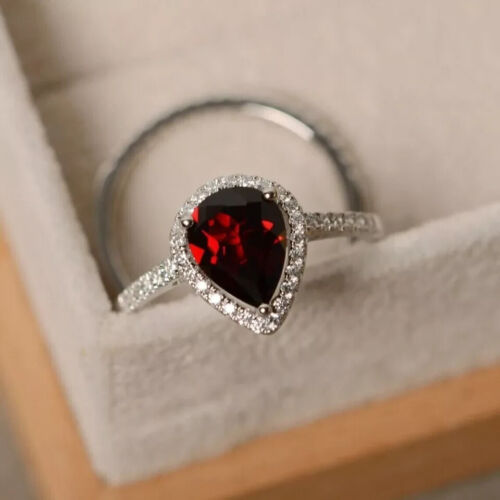 2.90Ct Pear Cut Lab-Created Red Garnet Bridal-Set Ring 14K White Gold Plated - Picture 5 of 6