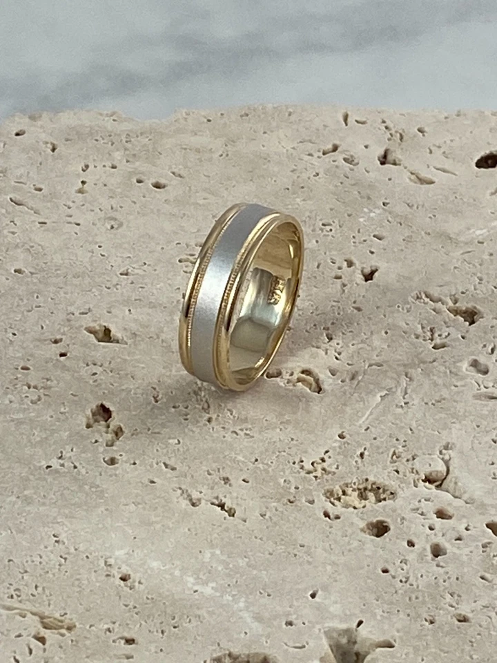 Mens Size 12 Wedding Band 14K Yellow White Gold Ring 6MM Brushed Satin Beaded - Image 2 of 4