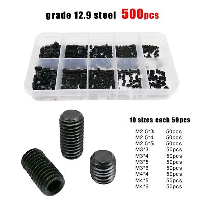 500pcs M2.5-M4 DIN913 12.9 Hex Hexagon Socket Flat Point Grub Bolt Set Screw Kit