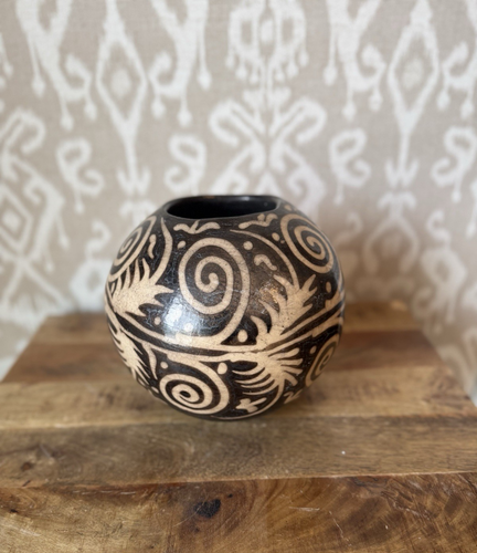 Handmade Lenca Pottery Bowl Honduras – Black & Tan Spiral Motif Folk Art Vase 7” - Afbeelding 2 van 16