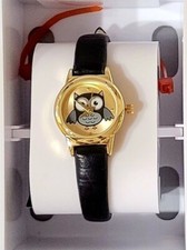 Ladies Gold Coloured Metal Case Watch  Black Leatherette Strap Owl Picture Face