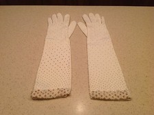 Vintage Ladies Gloves White Long Beaded Faux Pearls 14" Long STUNNING  UNIQUE