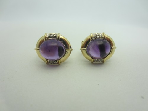 New 14K Yellow Gold 6.50 Ct Cabochon Amethyst and Diamond Earrings 6.62 CT TW - Picture 5 of 10