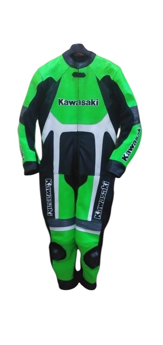 KAWASAKI HAND MADE MOTORBIKE RACE COWHIDE LEATHER SUIT MOTORCYCLE BIKER GEAR