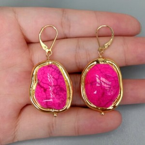 Authentic Pink Turquoise Freeform Gold Plated Dangle Earrings 925 Silver Lever Back