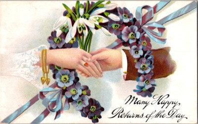 Vintage Postcard Many Happy Returns Handshake Wreath Forget Me Nots Lace