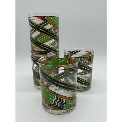 Vntg Mid Century Modern 4 Cira Cora Rocks Glasses Southwest Green Orange Aztec
