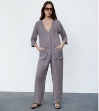 Tuta Zara donna Lillian grigio medio manica 3/4 gamba dritta 100% lino boho