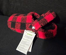 NWT 8 Women 6 Men Crocs Cozy Slipper Buffalo Lined Faux Fur Plaid Red/Black
