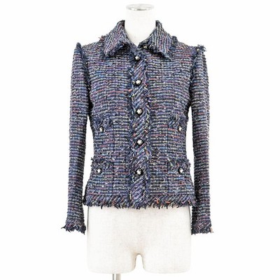 CHANEL Star-Button Multicolor Tweed Jacket 05A P26321 CC Logo Women Size 36 Navy