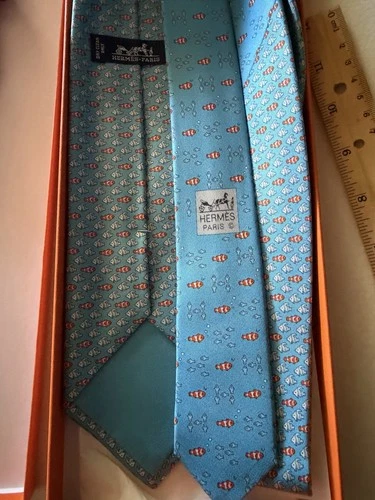 NWT Hermes Tie Cravate Ca Bulle (Nemo!) Hand Sewn Made in France Ciel/ Orange - product listing photo
