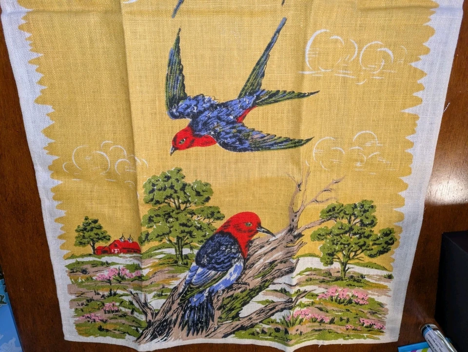 NUEVO Toalla de té de lino con estampado campestre francés MCM vintage pájaros amarillo dorado  Foto 4 de 4