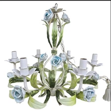 Italian Tole Blue Rose Chandelier Toleware Hanging Ceiling Light Fixture Italy