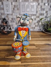 T.K. Co. Vintage Tin Wind-Up Elephant Drummer Toy Blue Yellow Red
