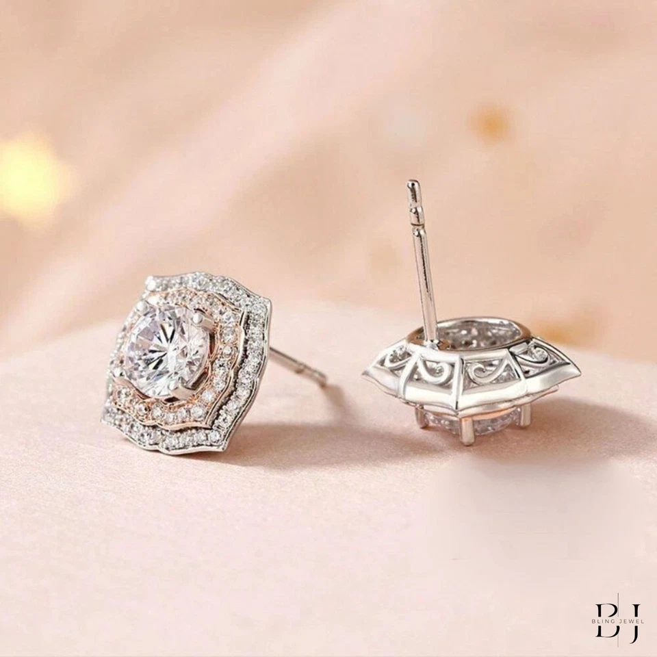 3 CT Round Cut Moissanite Stud Double Halo Earring Solid 14K White Gold For Her - Image 4 of 4