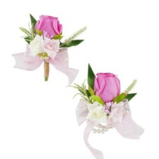 Hot Pink Corsage and Boutonniere Set for Wedding Prom, Artificial Rose Flower...
