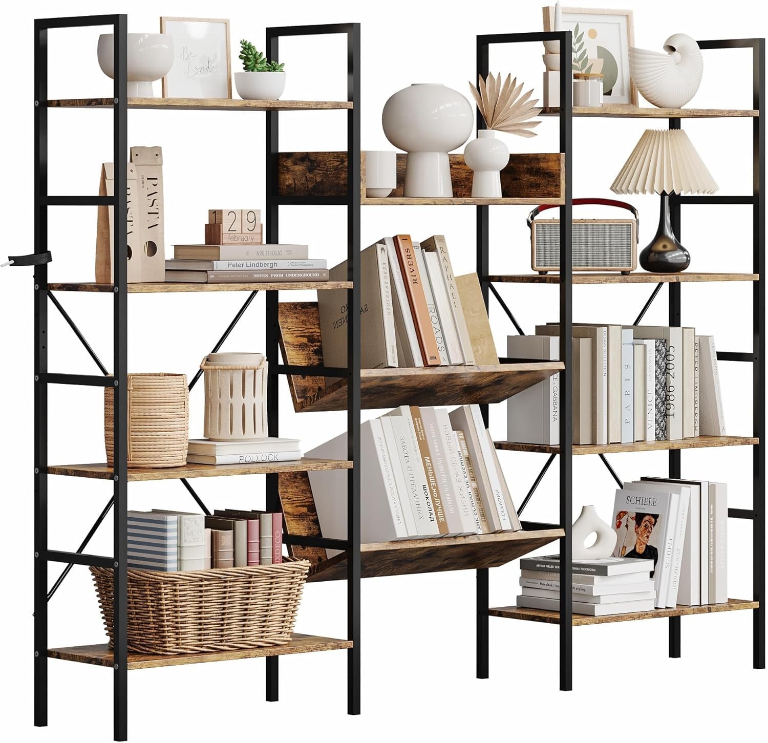 4-Tier Industrial Bookcase,Triple Wide Storage Bookshelf with Adjustable Shelves