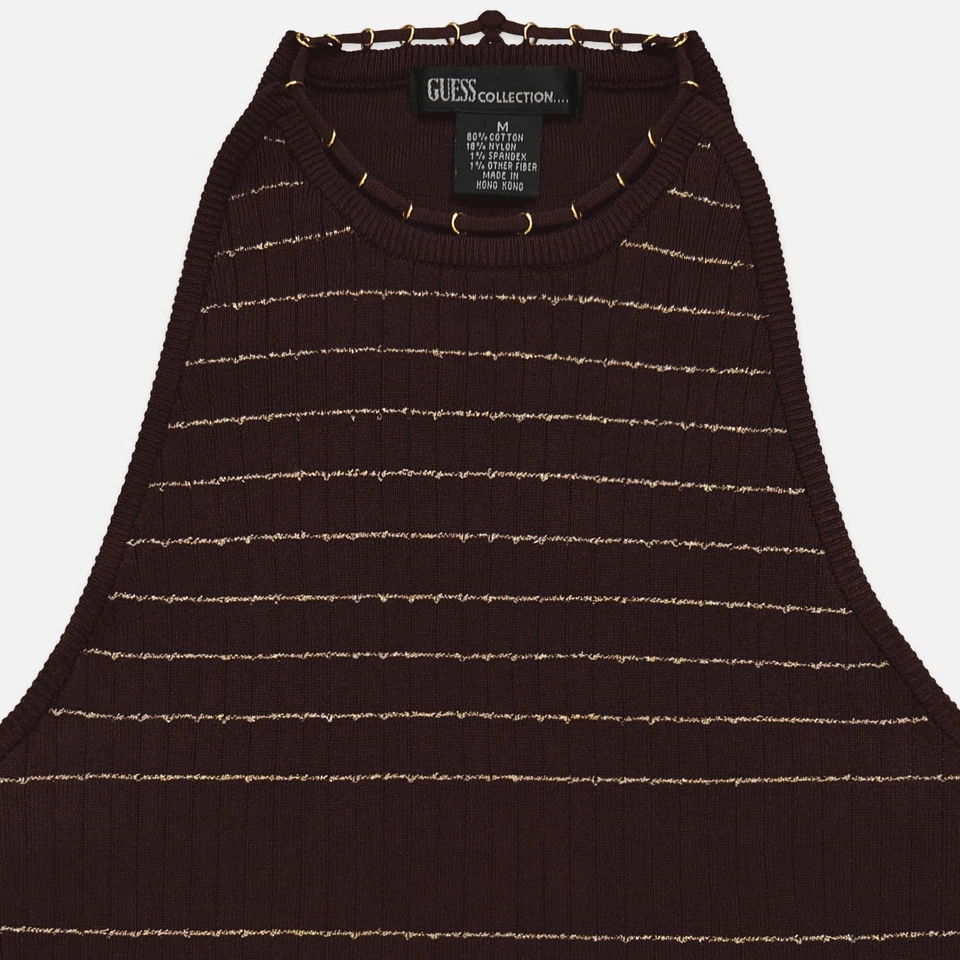 Vintage 90s Y2K Guess Brown Metallic Gold Striped Sweater Knit Halter Tank Top - Image 3 of 4