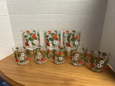 SET of 8 - Libby Vintage Glasses Red Strawberry Blossoms Cottage Core - 3  Tall
