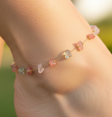 Handmade Boho Tourmaline Anklet 18K Gold Plated Minimalist Chain Anklet