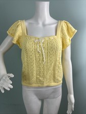 Suéter Top Boho Manga Abullonada Tejido Crochet Amarillo Para Mujer Alta Hippie Talla XL