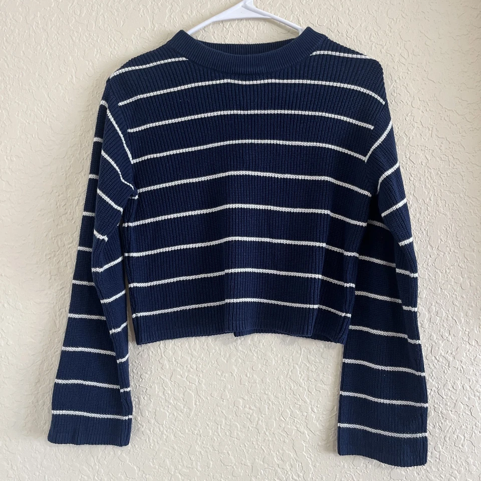 H&M Girls Junior Striped Boxy Sweater Navy Blue Size 12/14 - Image 2 of 4