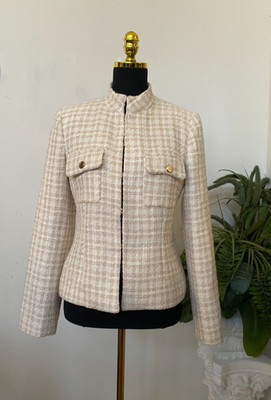 ZaraWoman Women s Camel Ivory Tweed High Collar Blazer Jacket Size M EUC! $99