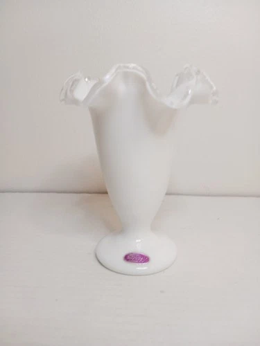 VTG FENTON Smooth White Milk Glass Silver Crest Vase Ruffled Rim 6" Tall Label