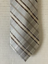 Perry Ellis Portfolio Men's Necktie Tie Silk Satin Gray Tan White Plaid 60"