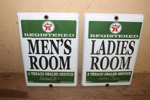 Vtg Texaco Ladies Men Gas Station Restroom Door Push Palm Press Porcelain Sign