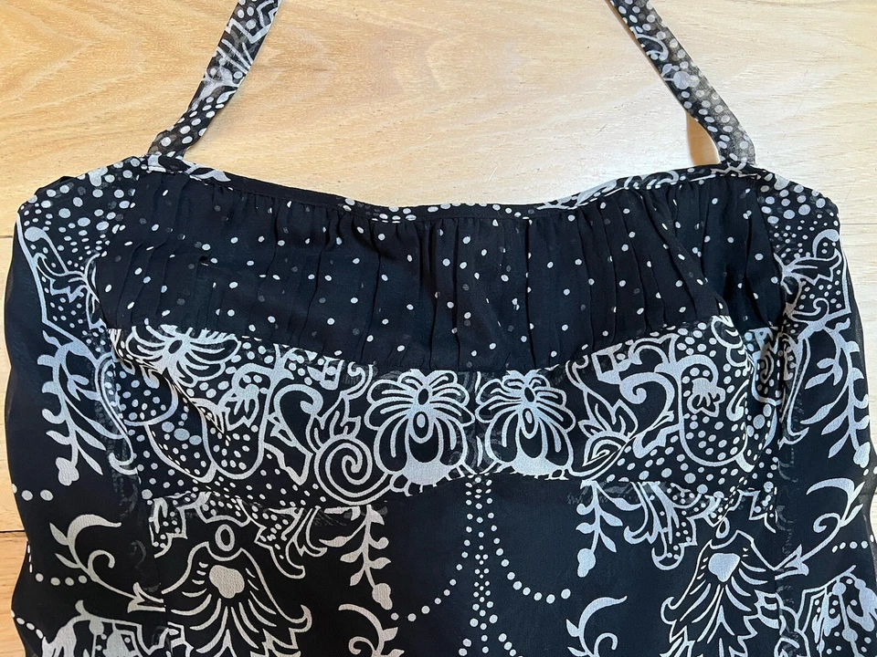 Anna Sui para Anthropologie Vintage, Vestido Halter de Seda Negro/Blanco Floral, Talla 8 Foto 3 de 4