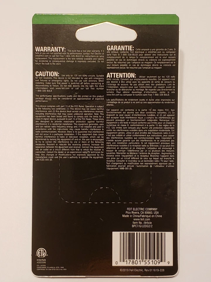 GREEN LED E-12 Base Night Light Bulbs 2-Pack Feit Electric New BPC7GJW - Image 2 of 2