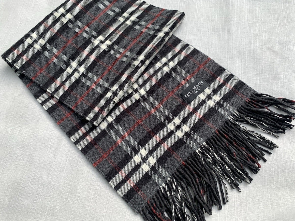 BALMAIN Paris Wool Cashmere Scarf Shawl Grey Check Vintage
