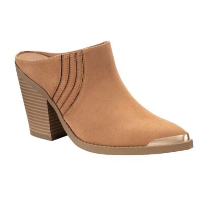 SUN + STONE Deyzaa Mule Pumps Ponted Toe Block Heel Tan 10M