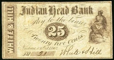 NH 25¢  NASHUA  New Hampshire  White & Hill - Indian Head Bank  Oct. 1, 1862