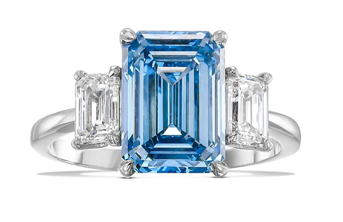 Lab Grown Fancy Vivid Blue Diamond Emerald Cut Wedding Ring