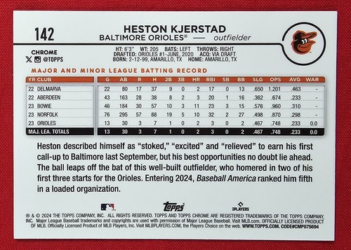 2024 Topps Chrome HESTON KJERSTAD #142 Sepia Refractor RC Orioles - Picture 2 of 2