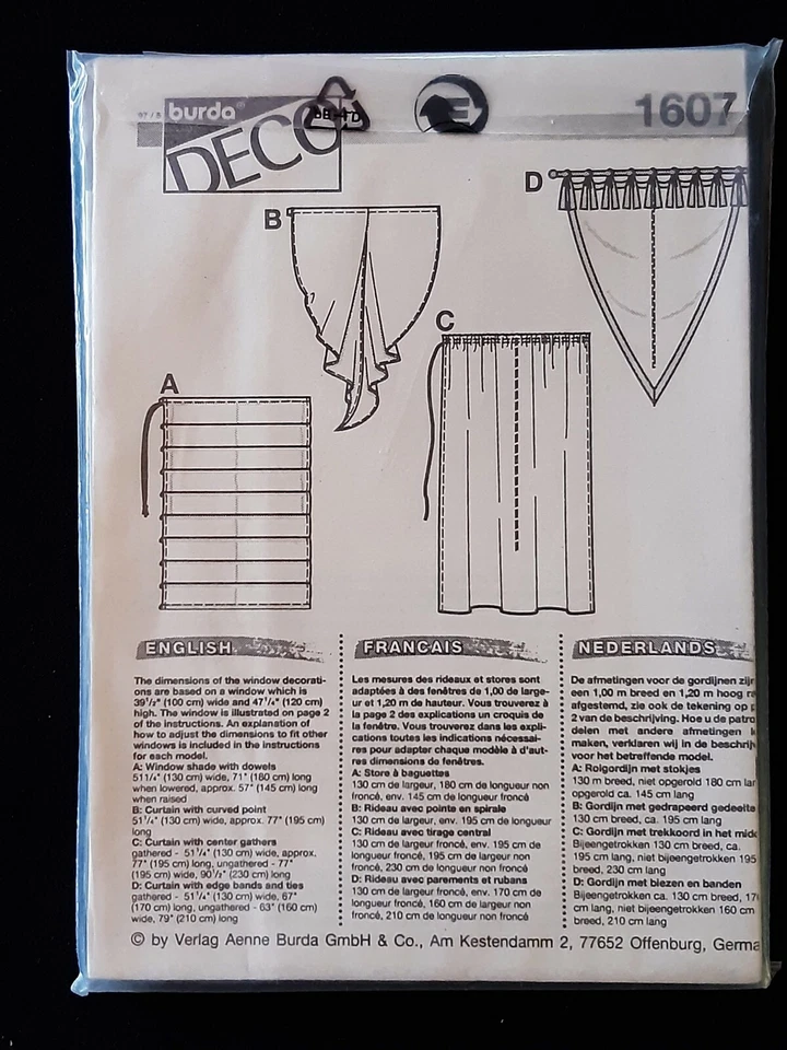 BURDA PATTERN - 1607 HOME DECOR WINDOW DECORATIONS CURTAINS SHADES BLIND UNCUT  - Image 2 of 2