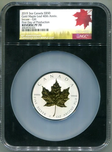 NGC- REVERSE PF-70 2019  Canada Incuse-Gilt 40th Anniv. Silver $50 Maple Leaf