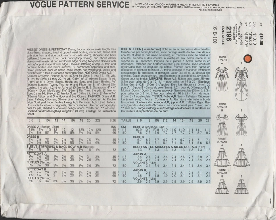 Vogue 2196 Bridal Original Size 6 8 10 Drop Waist 1980s Wedding Bridesmaid Dress - Image 2 of 3