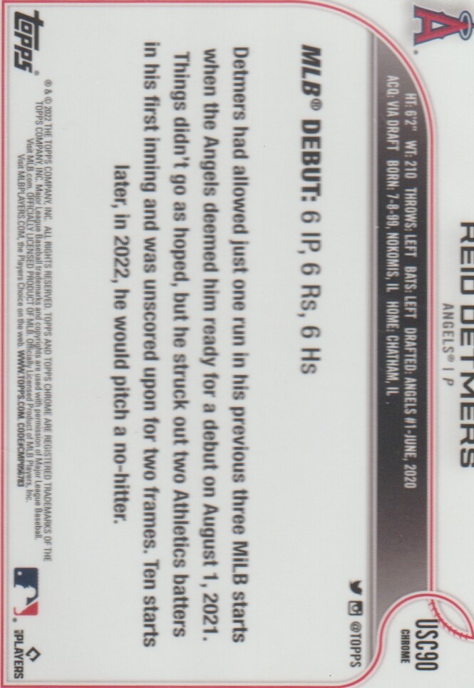 Reid Detmers 2022 Topps Chrome Update Purple Refractor RC Angels T