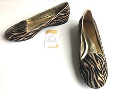 Dee Keller Black & Cream Zebra Print Flats W/ Gold Trim, Size 10 (US) 40 (IT)