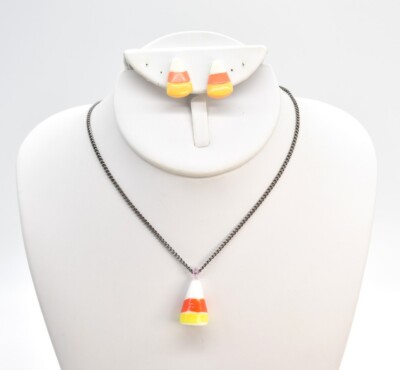 18'' Glass Candy Corn Pendant Choker Necklace Stud Earrings Gunmetal Black Chain
