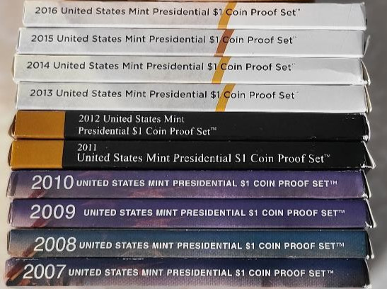 2007 to 2016 S PROOF PRESIDENTIAL DOLLAR SET with Boxes and COE's