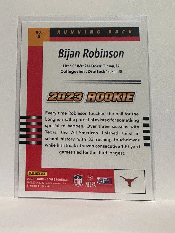 #5 Bijan Robinson 2023 Rookie Throwback  2023 Score Football Card - Image 2 of 2