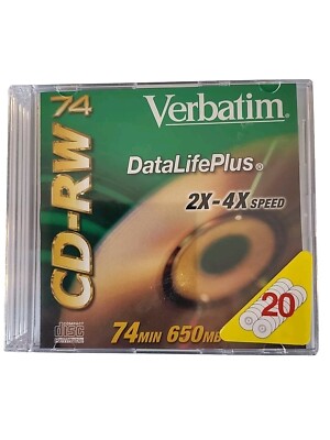 1VERBATIM CD RW 650MB SEALED 20 PACK COMPACT DISC 2000 74 MIN New  2X-4X F28