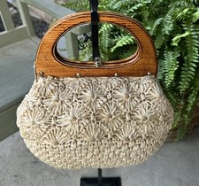 Vintage Japan Raffia Straw  Wood Purse