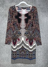 Nine West Tribal Shift Dress Womens Size 14 Black Burgundy Stretch Long Sleeve