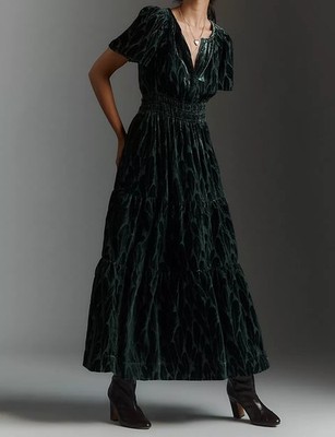 Anthropologie Somerset Velvet Maxi Dress XS Green Smocked Boho | eBay